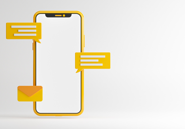 iPhone in a yellow case with a blank screen with speech bubbles coming out of it.